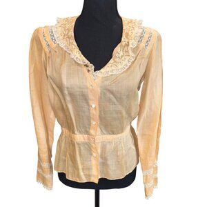 VTG Ralph Lauren 90s Cottage Feminine Lace Union Semi-Sheer Blouse Tan Women 10